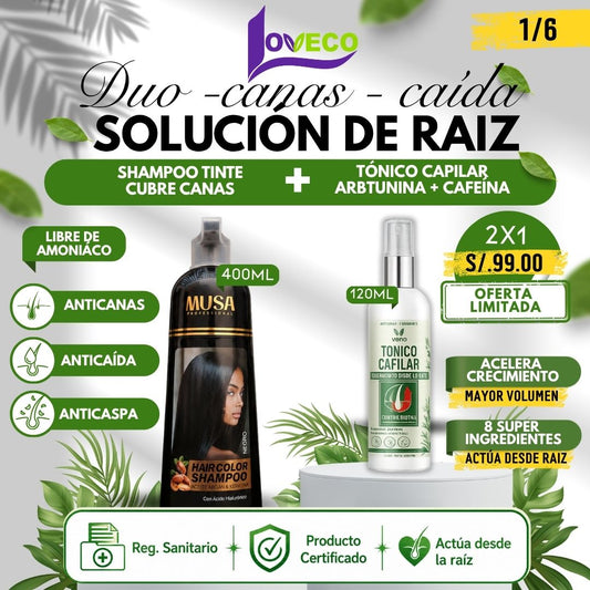 DUO ADIÓS CANAS + CAÍDA SOLUCIÓN DE RAIZ (SHAMPOO TINTE CUBRE CANAS 400ML + TÓNICO CAPILAR CON ARBUTINA Y CAFEÍNA 120 ML)