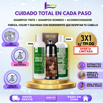TRÍO CAPILAR COMPLETO ( SHAMPOO TINTE + SHAMPOO ROMERO + ACONDICIONADOR DE ROMERO)