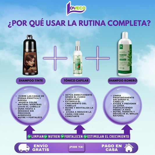 TRÍO COMPLETO ( SHAMPOO TINTE + SHAMPOO ROMERO + TÓNICO CAPILAR )