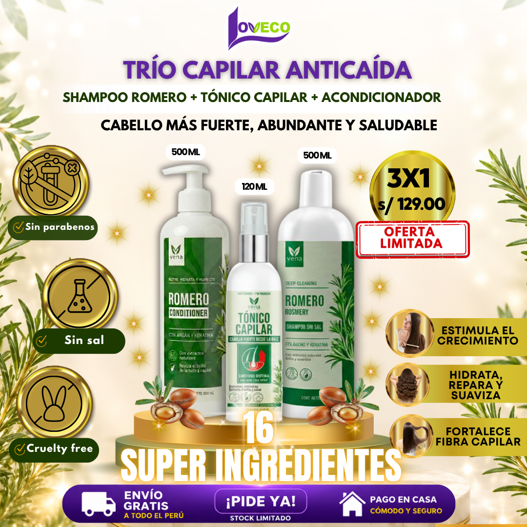 TRIO ANTICAÍDA DE ROMERO(SHAMPOO ROMERO + ACONDICIONADOR + TÓNICO CAPILAR)