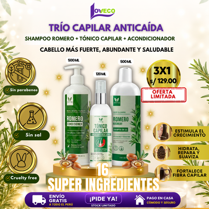 TRIO ANTICAÍDA DE ROMERO(SHAMPOO ROMERO + ACONDICIONADOR + TÓNICO CAPILAR)
