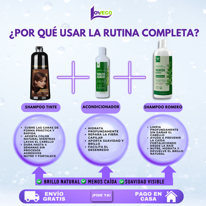 TRÍO CAPILAR COMPLETO ( SHAMPOO TINTE + SHAMPOO ROMERO + ACONDICIONADOR DE ROMERO)