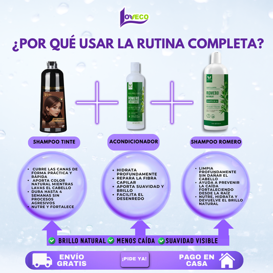 TRÍO CAPILAR COMPLETO ( SHAMPOO TINTE + SHAMPOO ROMERO + ACONDICIONADOR DE ROMERO)