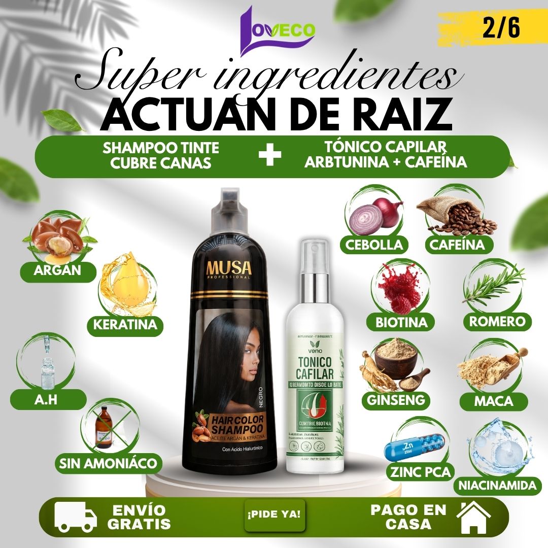 DUO ADIÓS CANAS + CAÍDA SOLUCIÓN DE RAIZ (SHAMPOO TINTE CUBRE CANAS 400ML + TÓNICO CAPILAR CON ARBUTINA Y CAFEÍNA 120 ML)