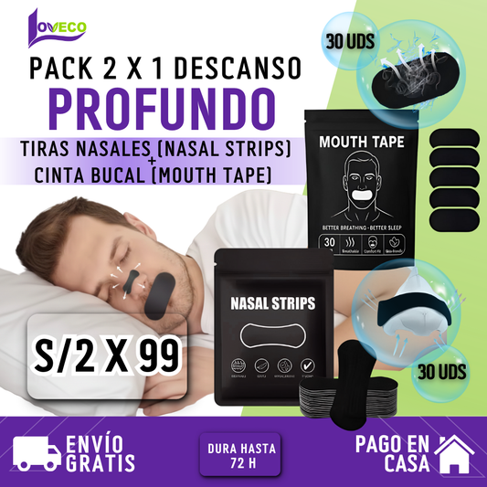 PACK SUEÑO PROFUNDO 2 X 1 (30 PARCHES BUCALES NEGRO + 30 TIRAS NASALES NEGRO)