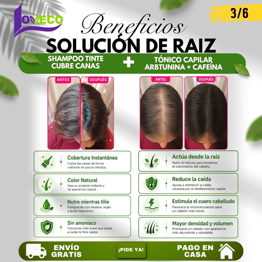 DUO ADIÓS CANAS + CAÍDA SOLUCIÓN DE RAIZ (SHAMPOO TINTE CUBRE CANAS 400ML + TÓNICO CAPILAR CON ARBUTINA Y CAFEÍNA 120 ML)