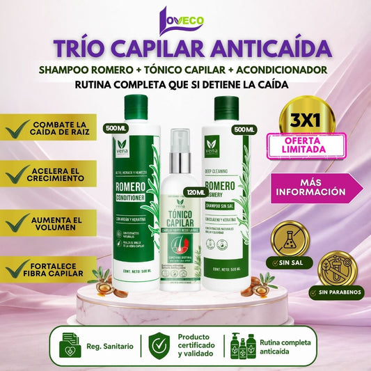 TRIO VENA ANTICAÍDA DE ROMERO(SHAMPOO ROMERO + ACONDICIONADOR + TÓNICO CAPILAR)