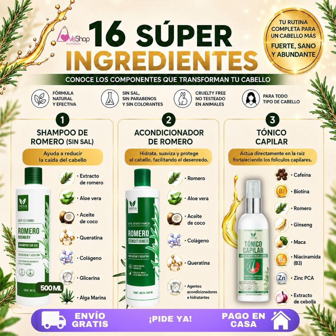 TRIO VENA ANTICAÍDA DE ROMERO(SHAMPOO ROMERO + ACONDICIONADOR + TÓNICO CAPILAR)