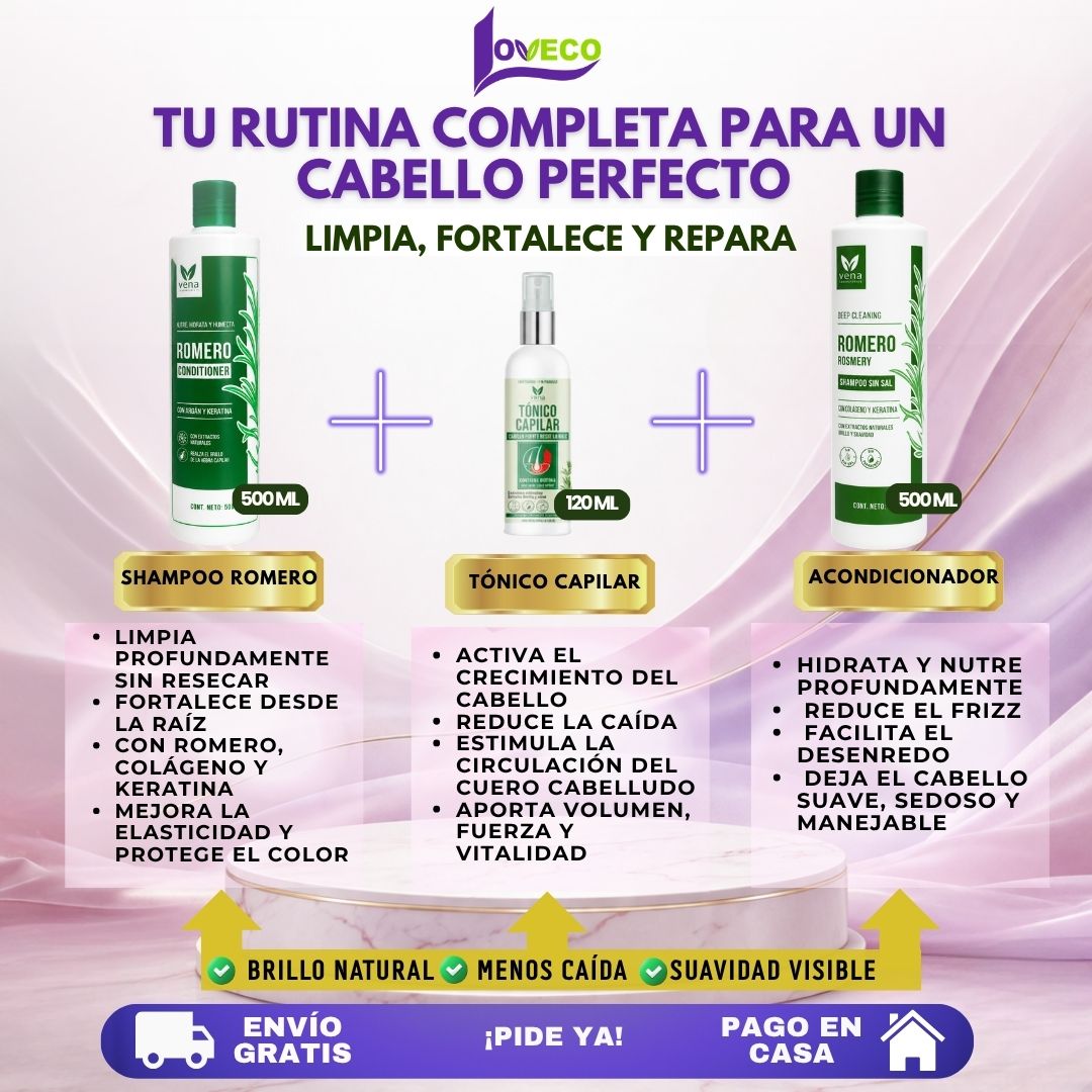 TRIO VENA ANTICAÍDA DE ROMERO(SHAMPOO ROMERO + ACONDICIONADOR + TÓNICO CAPILAR)