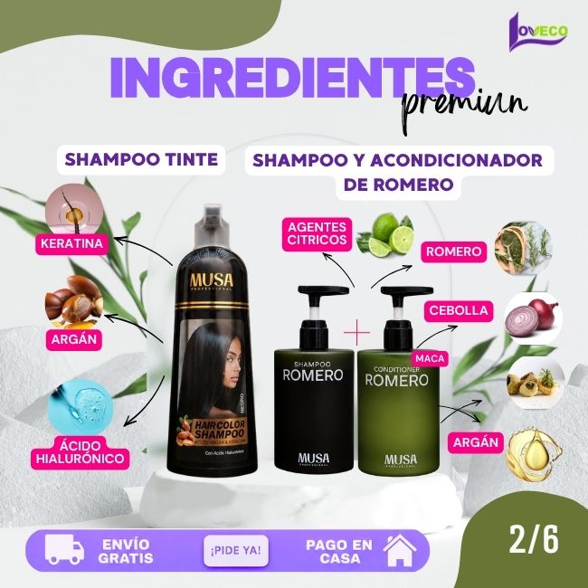 TRIO ANTICANAS+ANTICAÍIDA+ANTICASPA (SHAMPOO TINTE 400 ML + SHAMPOO ROMERO 500 ML + ACONDICIONADOR 500 ML)
