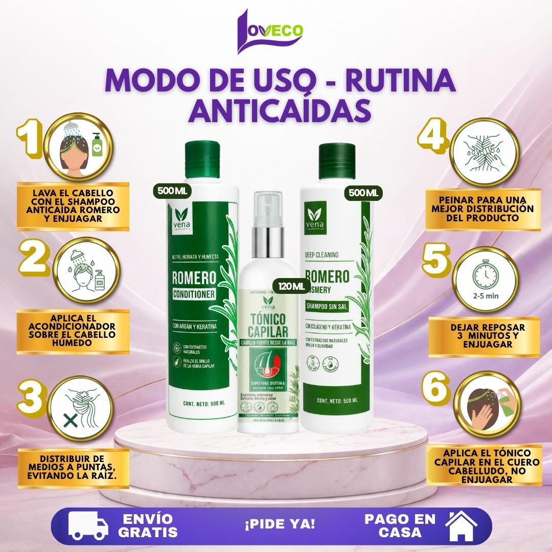 TRIO VENA ANTICAÍDA DE ROMERO(SHAMPOO ROMERO + ACONDICIONADOR + TÓNICO CAPILAR)