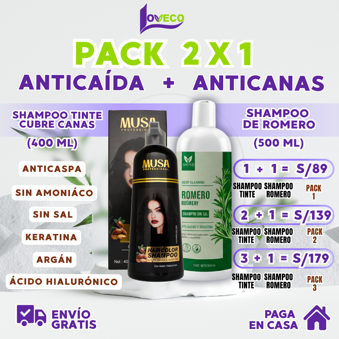COMBO COLOR + FUERZA (SHAMPOO TINTE CUBRE CANAS 400 ML + SHAMPOO ROMERO 500 ML)