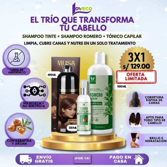 TRÍO COMPLETO ( SHAMPOO TINTE + SHAMPOO ROMERO + TÓNICO CAPILAR )