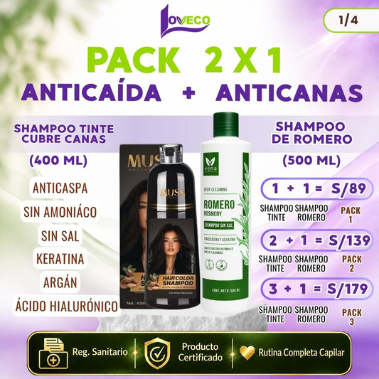 COMBO COLOR + FUERZA (SHAMPOO TINTE CUBRE CANAS 400 ML + SHAMPOO ROMERO 500 ML)