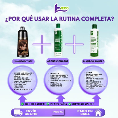TRÍO CAPILAR COMPLETO ( SHAMPOO TINTE + SHAMPOO ROMERO + ACONDICIONADOR DE ROMERO)