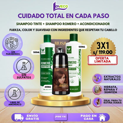 TRÍO CAPILAR COMPLETO ( SHAMPOO TINTE + SHAMPOO ROMERO + ACONDICIONADOR DE ROMERO)