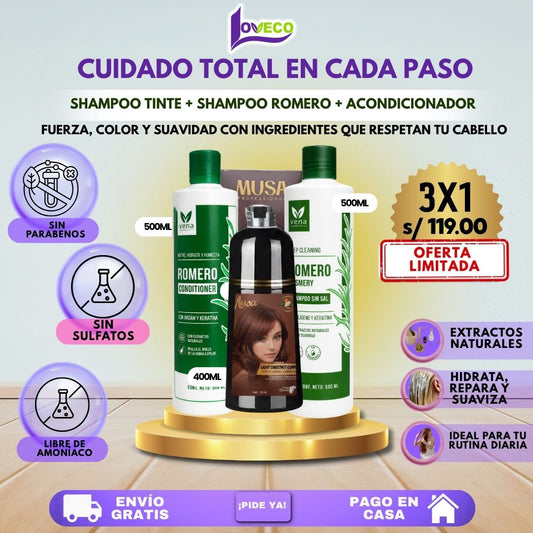 TRÍO CAPILAR COMPLETO ( SHAMPOO TINTE + SHAMPOO ROMERO + ACONDICIONADOR DE ROMERO)