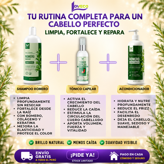 TRIO ANTICAÍDA DE ROMERO(SHAMPOO ROMERO + ACONDICIONADOR + TÓNICO CAPILAR)